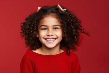 Portrait of a cute little girl with bows in her hair smiling on red background. Generative AI.
