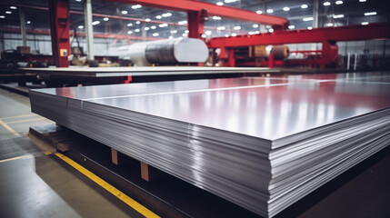 Stack of stainless steel sheets in a warehouse or production hall - obrazy, fototapety, plakaty