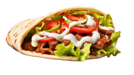Delicious gyros fast food in flatbread, lettuce, tomatoes, onions, rolled, isolated on a transparent background
