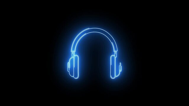Video footage of glowing Headphones icon. Looped Neon Lines abstract on black background. Futuristic laser background. Seamless loop. 4k video