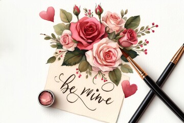 A bouquet of roses and a paper with "Be Mine" written in elegant script