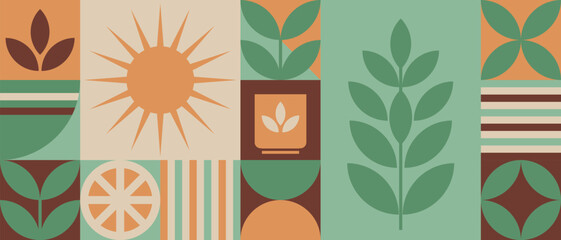 Pattern with tea theme. Print with abstract shapes, sun, tea leaves. Illustration for cover design, food package, menu, background, café wall, coffee shop, tea store. Banners in geometric minimalistic - 703526280