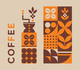 Illustration with coffee mill for café and restaurant. Design minimalistic print with coffee branch and geometric flat shapes. Vector pattern for coffee shop, café, concept menu, poster, background. - 703526286