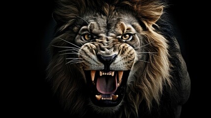 Fototapeta premium Portrait of a roaring lion with an aggressive look