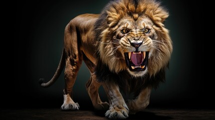 Portrait of a roaring lion with an aggressive look