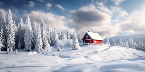 Christmas snow beautiful place house Cabin in the mountains with Winter snow landscape Beautiful red wooden house in a winter snow landscape A beautiful outdoor  house with snow winter landscape 