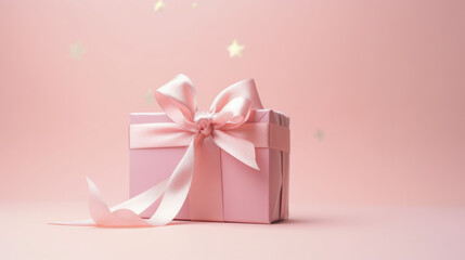 A pink gift box with a ribbon sits on a pale pink background, creating a romantic ambiance, perfect for birthday, anniversary, or gift card use.
