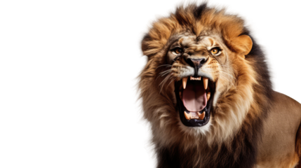 Portrait of a roaring lion with an aggressive look, isolated a transparent background