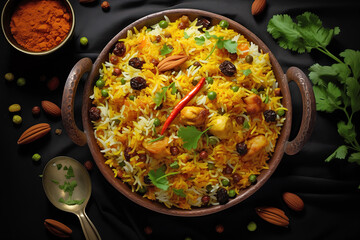 A top view of a delicious serving of chicken biryani, garnished with almonds, raisins, and fresh coriander leaves. Served in a traditional clay pot on a dark backdrop.