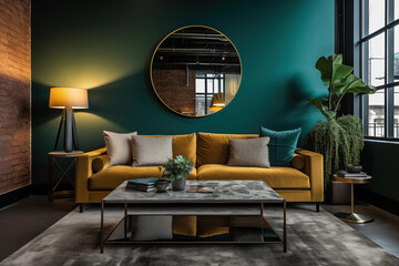 A modern living room with a mustard yellow sofa, marble coffee table, and ambient lighting. The dark green wall is adorned with a large round mirror reflecting the room’s interior. The space is cozy a