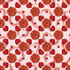 Valentines day geometric seamless pattern with hearts, rose flowers, beads, grunge silhouette of hearts behind. For wedding, engagement event, Valentines Day, gift decoration.