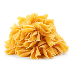 A close-up image showcasing a heap of golden, uncooked pasta with a smooth texture and inviting color, isolated on a white background.