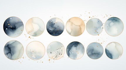 Watercolor abstract round background with gold thin lines, and marble texture. Pastel colours, brush stains.