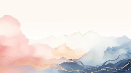 Watercolor background with gold thin lines, and marble texture. Pastel colours, brush stains.