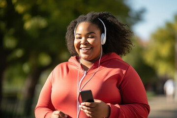 Plus size African American woman jogging and running with headphones and mobile phone outside to lose weight. Cheerful overweight female exercise cardio training and listen music
