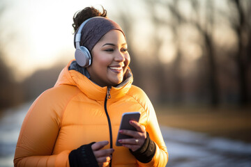 Plus size Hispanic woman jogging and listening music with headphones using smartphone outside in winter park to lose weight