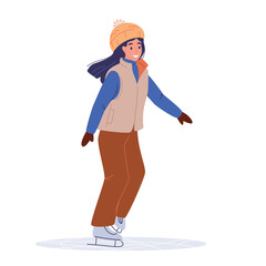 Teenage girl ice skating, winter sport activity, flat vector illustration isolated on white background. Young girl in warm clothes on holiday, weekend on ice rink, winter vacation, outdoor activity