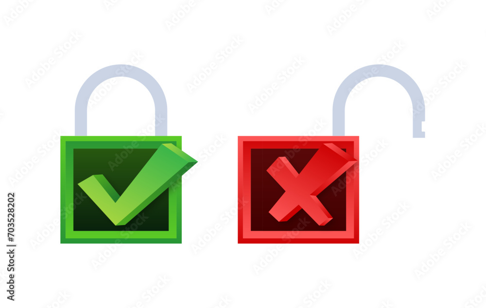 Aufkleber lock and unlock symbols, green checkmark and red cross in squares, security access concept vector il
