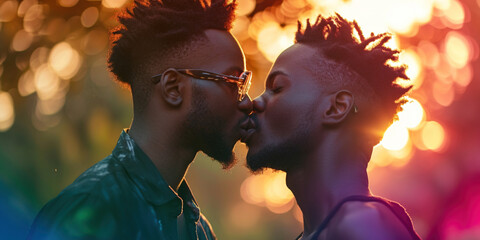 African American gay couple kissing on bokeh background. LGBTQ pride month. Two young men kissing and hugging. Young men romantic family in love. Happiness love dating concept - obrazy, fototapety, plakaty