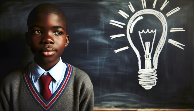 Clever African boy standing in the classroom next to the blackboard with a light bulb symbol drawn on it with chalk.