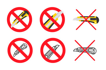 Prohibition signs vector illustration set forbidding stationery knives and cutters, ideal for safety guidelines and restricted tool use policies.