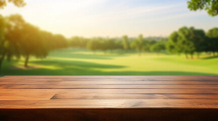 Blurred nature background with green lawn trees blue sky sunny day with empty plank wood table in the forefront for product placement presentation