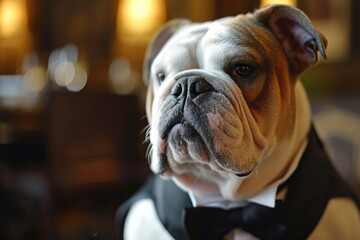 Close-up of English bulldog in a tuxedo on a red background