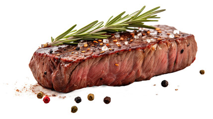 Succulent roasted beef tenderloin steak with rosemary and coarse pepper against a white background