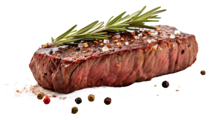 Succulent roasted beef tenderloin steak with rosemary and coarse pepper against a white background