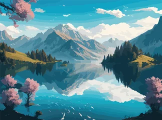 Foto op Plexiglas Design an intricate vector illustration of a pristine snowy mountain range, where a serene lake reflects the towering snow-covered peaks in the foreground, while a cloudy sky in the background adds a  © Nadula