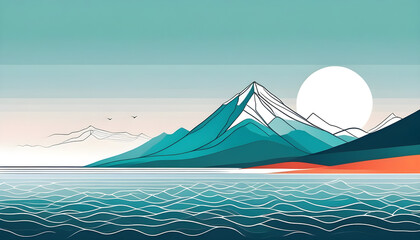 Vector Art Depicting Minimalist Contemporary Line Art of Mountain and Sea