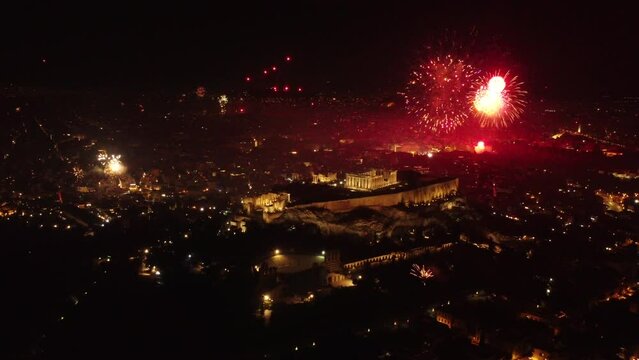 4k Aerial Fireworks over Acropolis Athens New Year Cinematic Panoramic Night
