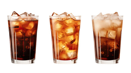 Three glasses with delicious iced coffee and ice cubes, isolated 