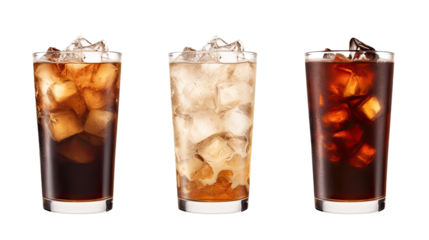 Three glasses with delicious iced coffee and ice cubes, isolated 