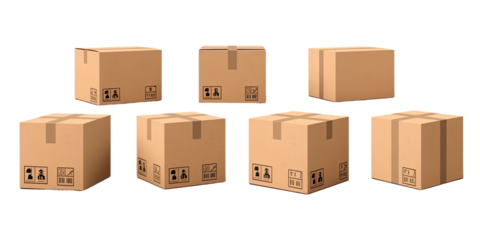 Various cardboard boxes for shipping, isolated, white background, mockup