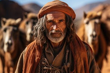 Berber man leading camel caravan. A man leads two camels through the desert. Man wearing...