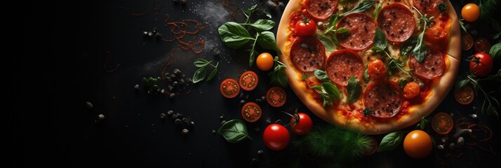 Fototapeta premium hot pizza with pepperoni and tomatoes on a black background, with copy space, fastfood, generative ai, red and green