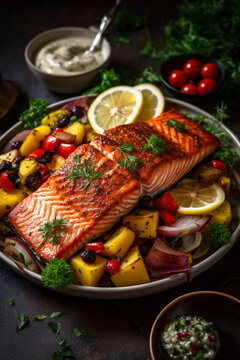 Grilled salmon with vegetables. AI Generated
