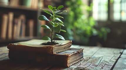 A vibrant plant sprouting from the open pages of a book, symbolizing the concept of learning, knowledge, and intellectual growth leading to personal development. - obrazy, fototapety, plakaty