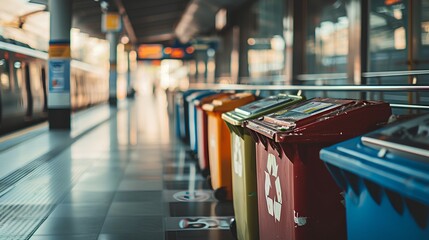 Bustling public transportation hub during peak hours with clearly marked recyclable waste stations and eco-friendly practices in place. - obrazy, fototapety, plakaty