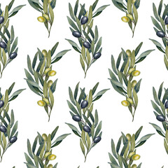 Seamless pattern with hand drawn watercolor olive tree leaves, branch, green and black olives fruit. floral illustration for fabrics, kitchen textiles, wallpapers, print.