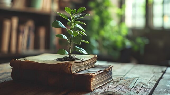 A vibrant plant sprouting from the open pages of a book, symbolizing the concept of learning, knowledge, and intellectual growth leading to personal development.