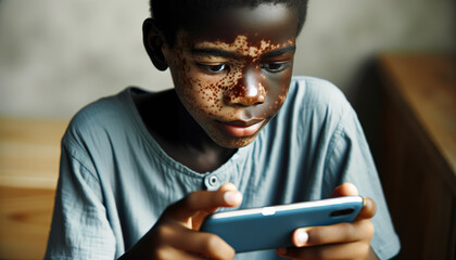 An African boy with Vitiligo playing a game on his phone. Vitiligo is a chronic autoimmune disorder that causes patches of skin to lose pigment or color