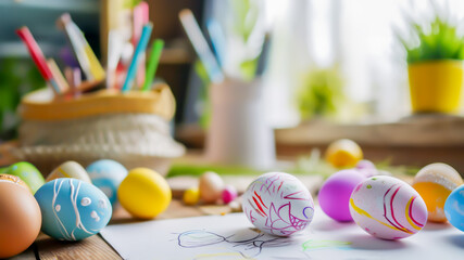 Happy Easter holiday. Easter craft surrounded by festive array of decorated colorful eggs, white...