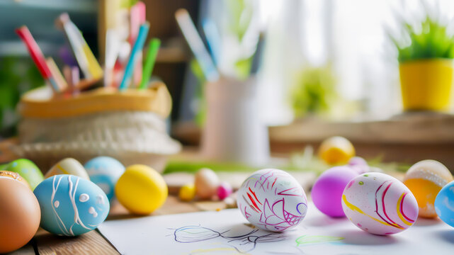 Happy Easter holiday. Easter craft surrounded by festive array of decorated colorful eggs, white sheets and drawing supplies. Concept of Easter preparations and joy of holiday