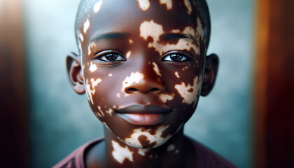 An African boy with Vitiligo, close up portrait. Vitiligo is a chronic autoimmune disorder that causes patches of skin to lose pigment or color