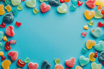 Fototapeta na wymiar Colorful heart-shaped candies for Valentine's Day. Background for design layouts, flyers, banners. Generative AI