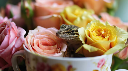 Lizard in a Tea Cup at a Vintage Tea Party with Yellow and Pink Roses 