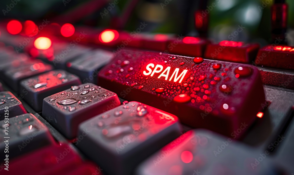Poster red spam alert button on a keyboard illustrating cybersecurity threats and email filtering concepts 