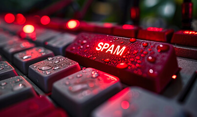 Red SPAM Alert Button on a Keyboard Illustrating Cybersecurity Threats and Email Filtering Concepts in a Digital Communication Setting - obrazy, fototapety, plakaty